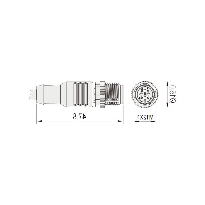 M12 4Pin, straight male head, high temperature resistance 120℃, single-end precast PUR soft性电缆、黑色护套、64H141-XXX