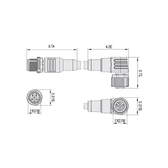 M12 4-PIN, female head 90° turn male head straight, double end precast slag proof PUR flexible cable, orange sheath, 64T143-XXX